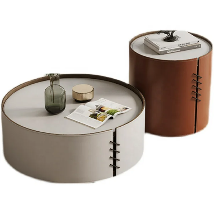 Mesa de centro leather surface granite flag stone top luxury tea table set modern furniture coffee table