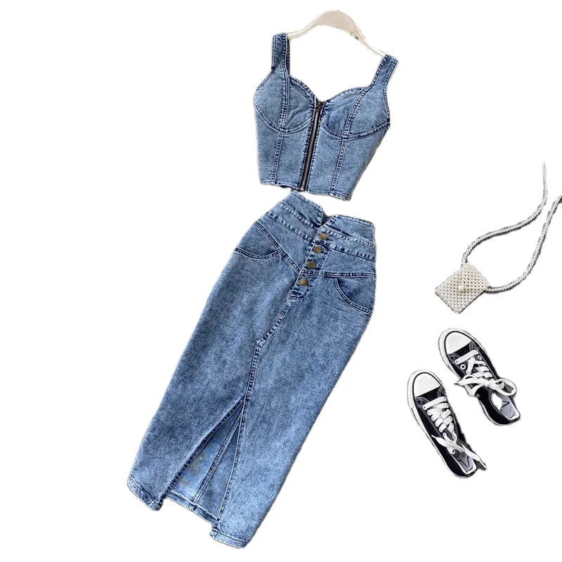 2024 Hot Sales Jeans Skirt Fabric Vest and Midi Skirt  Women 2 Piece of Denim Set