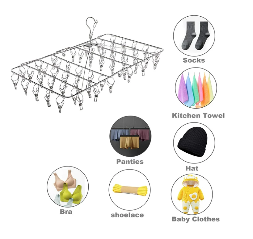 Amazon hot sale 201 stainless steel  folding sock hanger with 52 clips