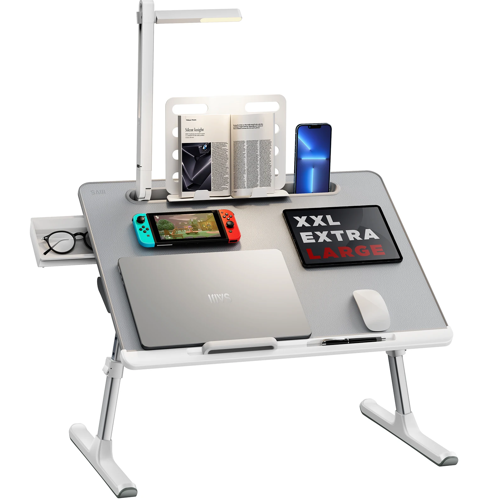 Folding Laptop Desk for bed with led light XGear new XXL size leather surface laptop study table with tablet slot, book stand