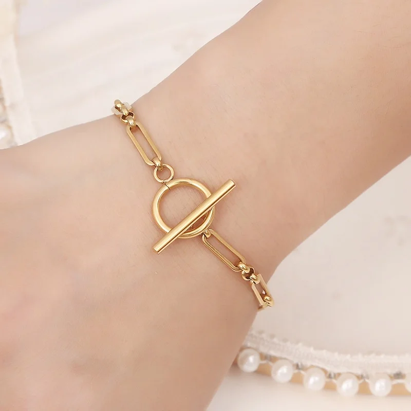 New Arrival Fashion Ot Clasp Lock Unique Bracelets Stainless Steel Silver Gold Plated  Non Tarnish Link Chain Bracelet For Women