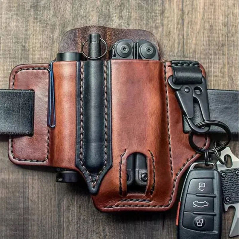 Cowhide Leather Tool Holster Outdoor Tactical Flashlight Tool Holster Organizer Belt Pouch