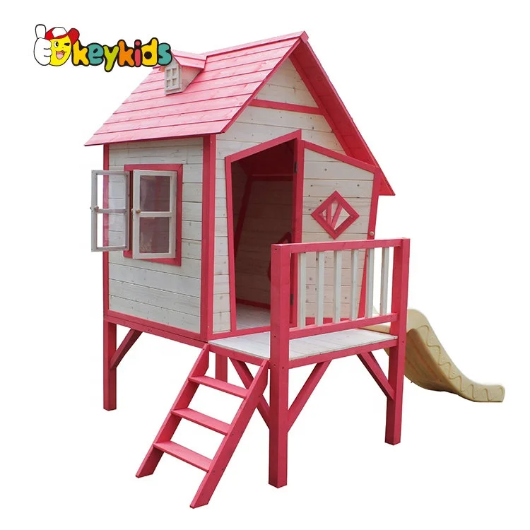 Hot sale  custom kids outdoor wooden play houses with climbing slide W01D081A