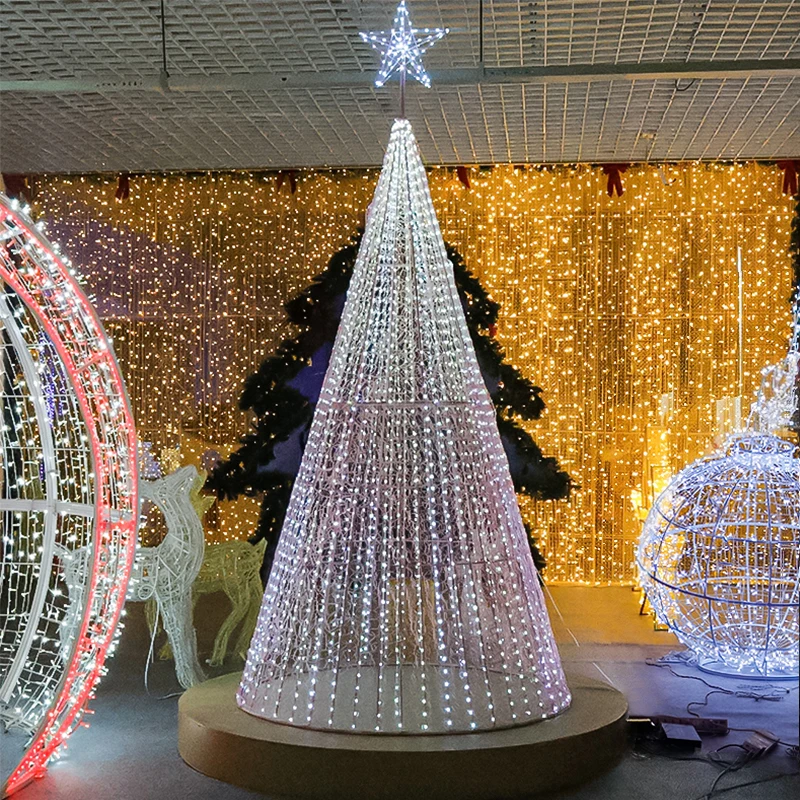 newest style metal frame RGB PVC 3d cone big giant large artificial hanging tree motif  light for Christmas decoration