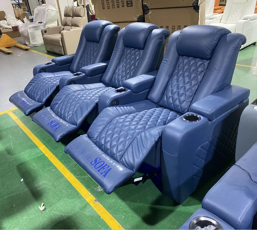 Three Seats Blue Electric Chair Living Room Sofas Home Theater System Leather Couch for Furniture
