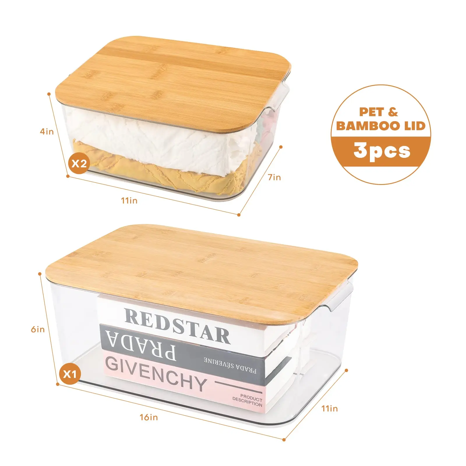 Прозрачные пластиковые контейнеры для хранения со съемными бамбуковыми крышками, ручки, Штабелируемый контейнер с крышкой для кухни, контейнер для пищевых продуктов, декоративный набор корзин