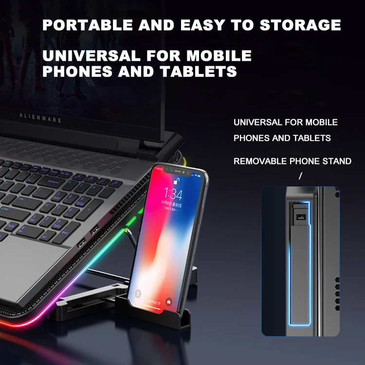 Great Roc laptop cooling pad with phone holder with 6 fans height adjustable laptop cooling pad rgb gaming notebook cooler