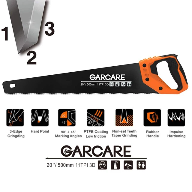 GHS03B-500, GARCARE 20 Inch Pro Hand Saw, Perfect for Sawing, Comfortable Ergonomic Non-Slip Rubber Handle,11 TPI