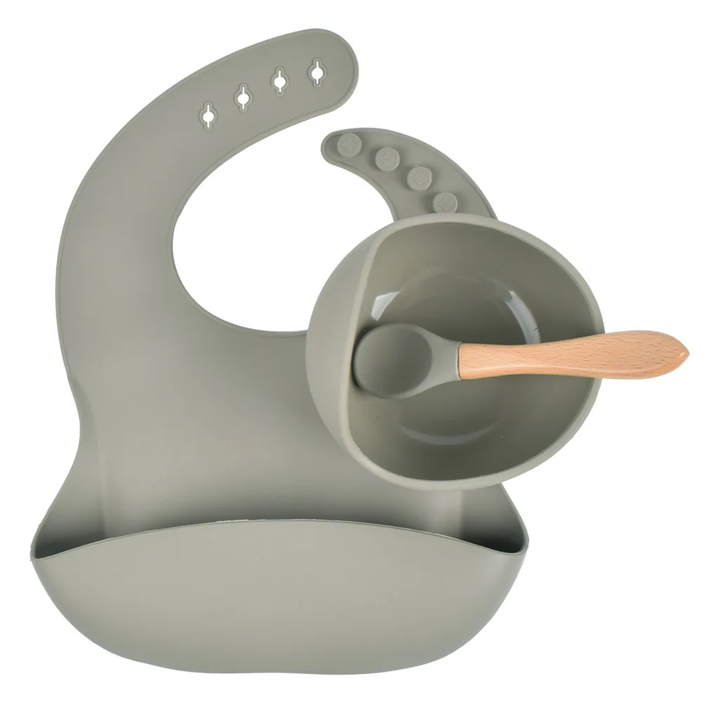 New Baby Gift Sets 3 Silicone Suction Bowl Spoon and Bib Custom Printed Logo Wholesale Tableware BPA Free Baby Feeding Set