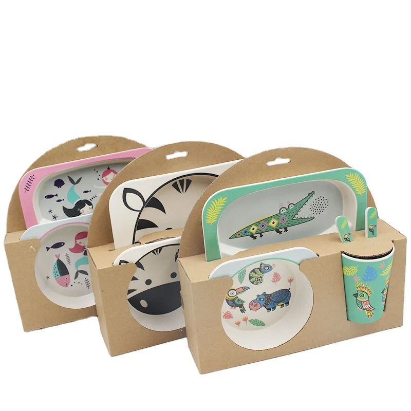 Cartoon design custom bamboo divided plate cup bowl fork and spoon dinnerware kids set