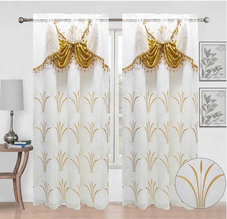 Hot selling double layer luxury window curtain elegant sheer embroidery tulle ready made valance curtain for living room