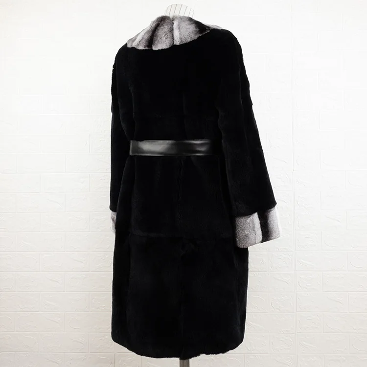 wholesale dyed chinchilla fur coat with belt black color long real rex rabbit fur coat for women