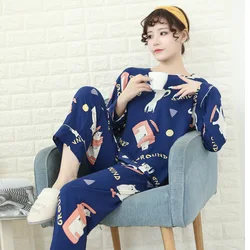 People cotton pajamas spring and autumn ladies long-sleeved trousers home service suit round neck loose large size