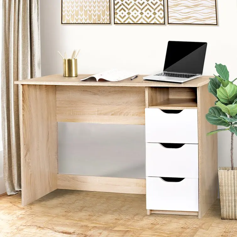 Home Office Desk White/Truffle Oak Trim Brand New Melamine Gloss Laminate