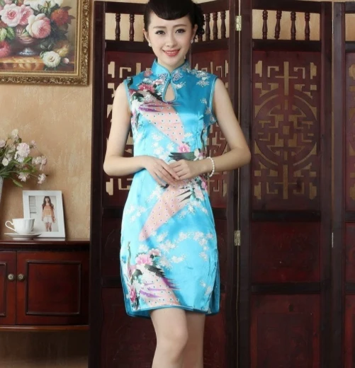 Traditional Chinese dresses Lady Satin cheongsam short sleeve dresses Qipao