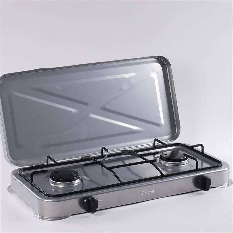 Custom Windproof Portable Home Cooking Safe Propane Two Burners Gas Stove Cooker With Lid
