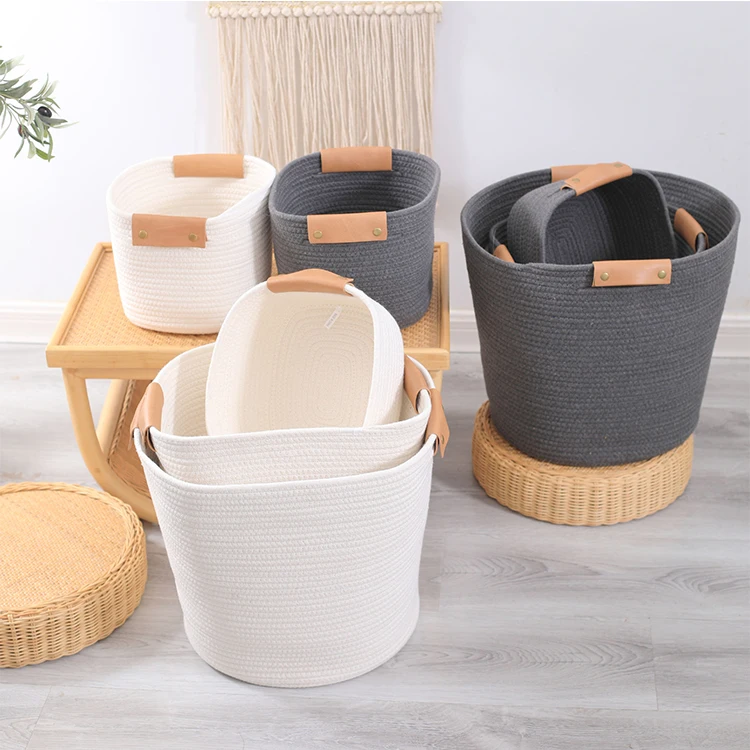 Wholesale Decorative fashion foldable Woven Laundry Cotton Rope storage Basket with Leather Handles