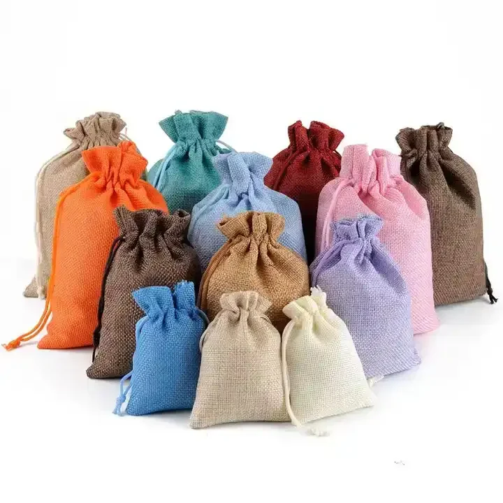 Custom Printed Burlap Hessian Coffee Gift Drawstring Jute Gunny Pouch Brown Cotton String Jute Bag