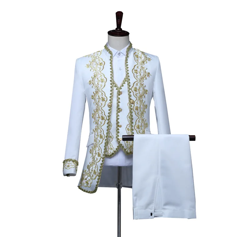 Plus Size Court Black and White Prince William Baroque Embroidery Men Suit Three Piece Stage Singer Medieval Wedding Prom Suits