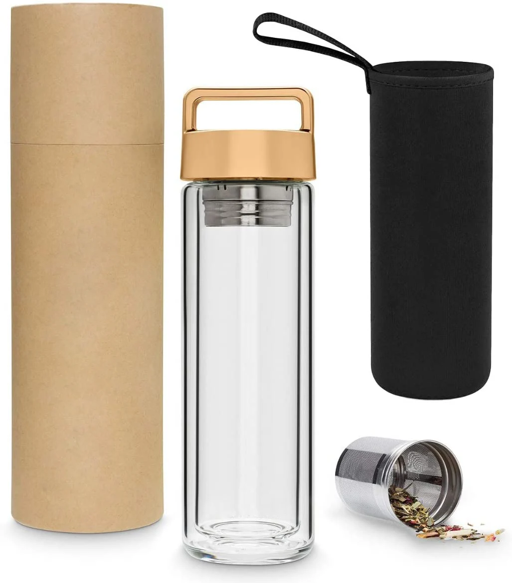 2020 Hot Sale Double Wall Premium Quality Glass Water Bottle Tumbler with Tea Infuser Mugs with Handle for Loose Leaf Tea Fruit