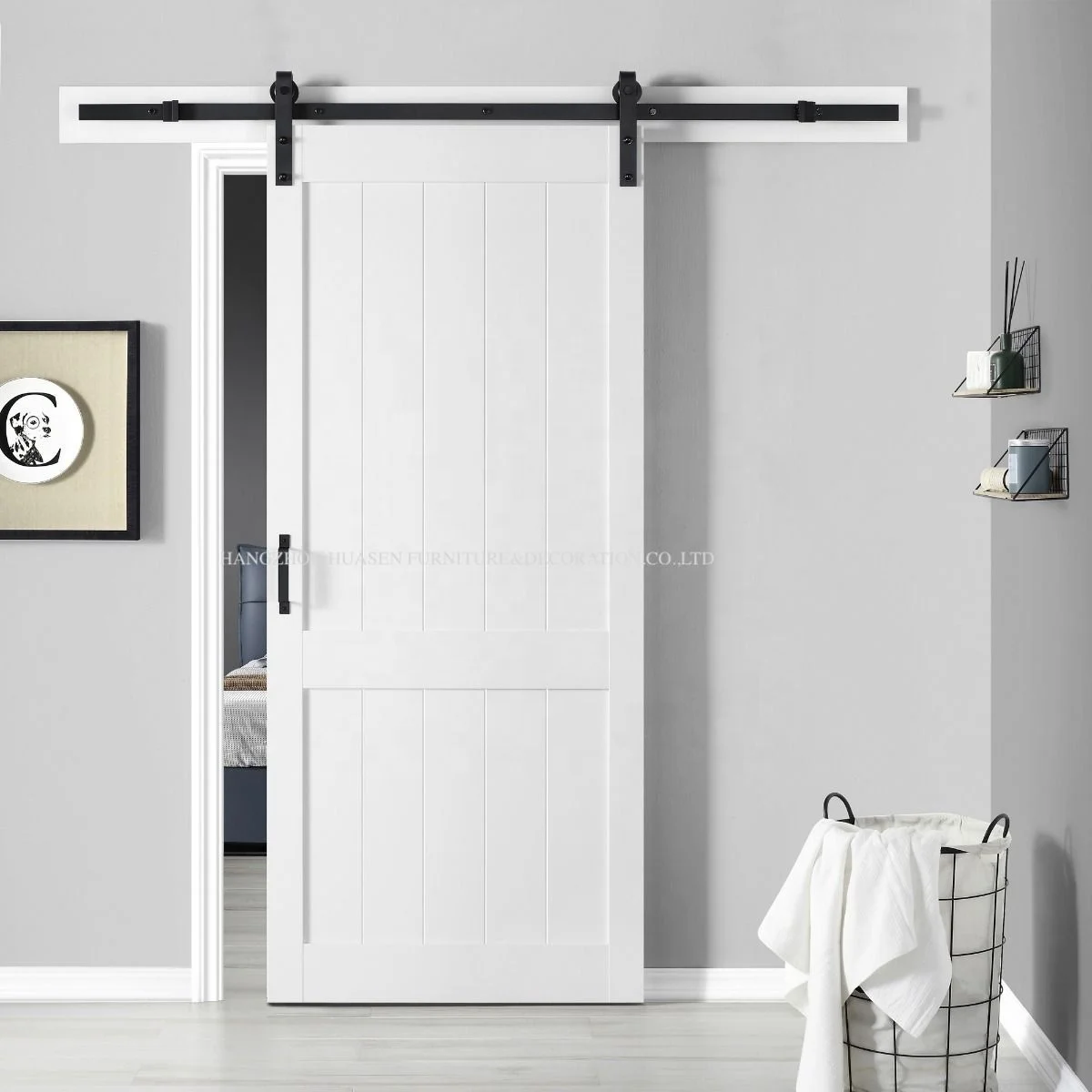 Residential comfort room modern slide wood door interior design Canada