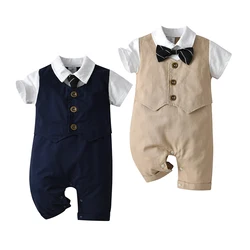 2022 Wholesale Cotton Toddler Baby Bodysuits Little Gentleman Cute Rompers Set Short Sleeve 1Y 2Y Infant Children Suit Boys