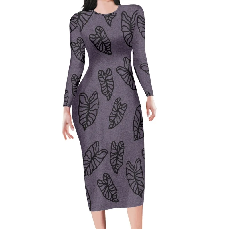 Hawaiian Kalo Leaf Pattern Womens Dresses Drop Ship Print on Demand Long Sleeve Lady Skirts Elegant Slim Sexy Dress for Womens