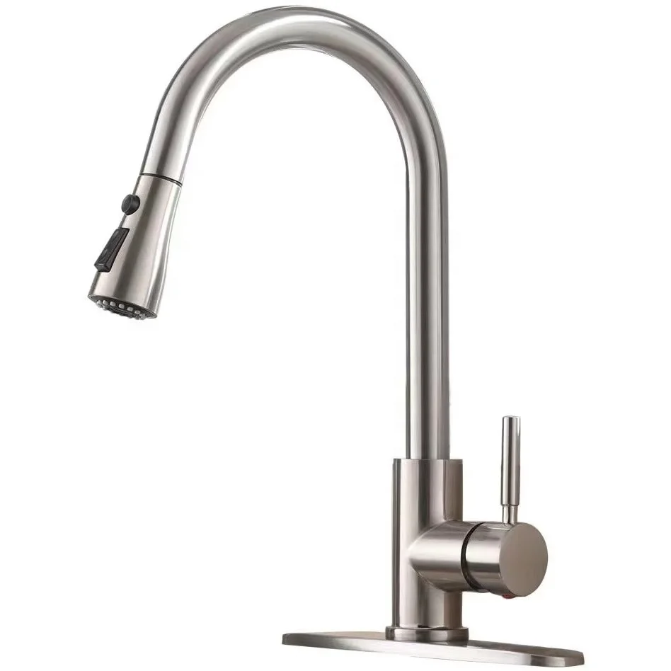 Single Handle High Arc Pull Out Brushed Nickel Kitchen Faucet, 304 Stainless Steel Kitchen Sink Faucets with Pull Down Sprayer