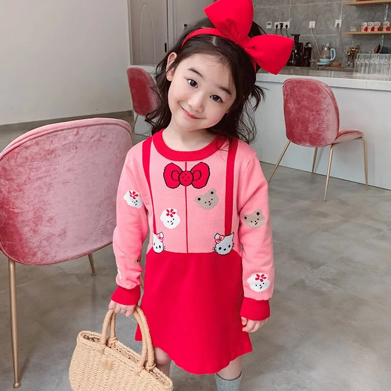
New Europe and the United States autumn baby girl knitted pattern dress cartoon wool dress OEM 