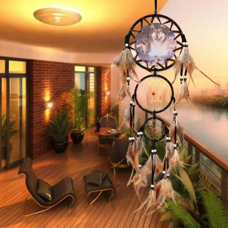 Hot Sale Indian Dream Catcher Wolf Head Oil Painting Handmade Dreamcatcher Home Decor Wall Hanging Natural Feather Pendant Room
