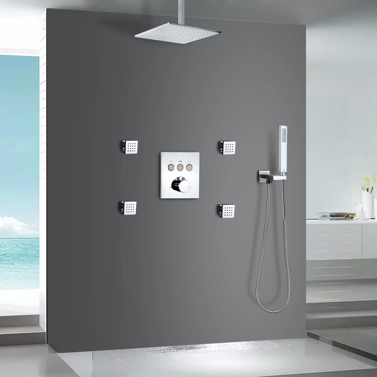 CUPC Ceiling LED Shower Set 10inches Bathroom SPA Rainfall Shower Head System Thermostatic Push Button Panel Mixer Faucets