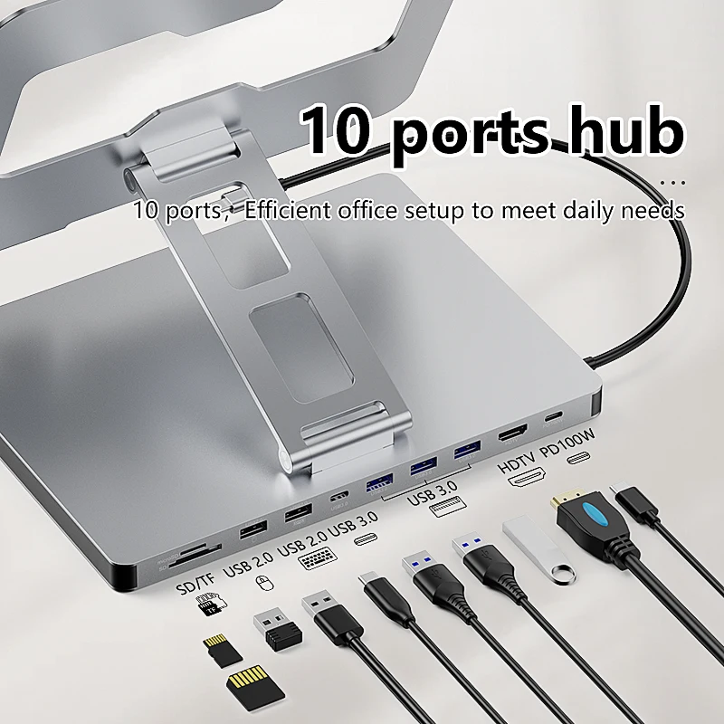 10 в 1 многопортовый USB3.0 концентратор с 360 градусов вращающийся USB C док-станция Регулируемая подставка для ноутбука
