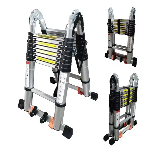 EN 131 Customized Aluminum Multiple Telescopic Ladder with Thick Spreaders Casters and Orange Rubber Feet
