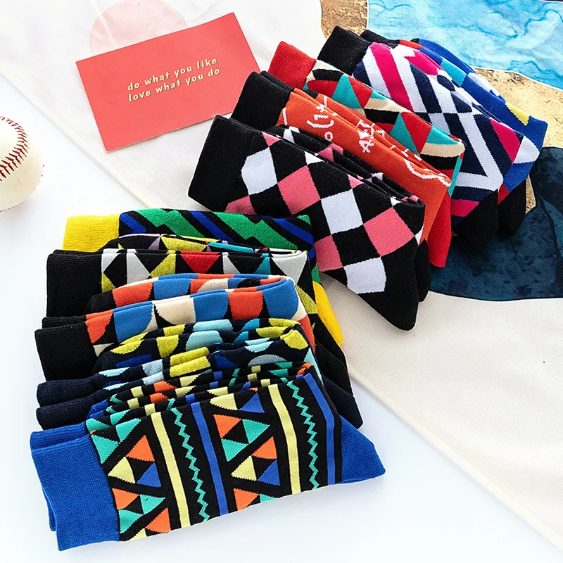2022Custom Made Funny Pattern Sock Men Colorful Dress Crew Happy Socks Funky Designer Logo Man Geometry Cotton Men Novelty Socks