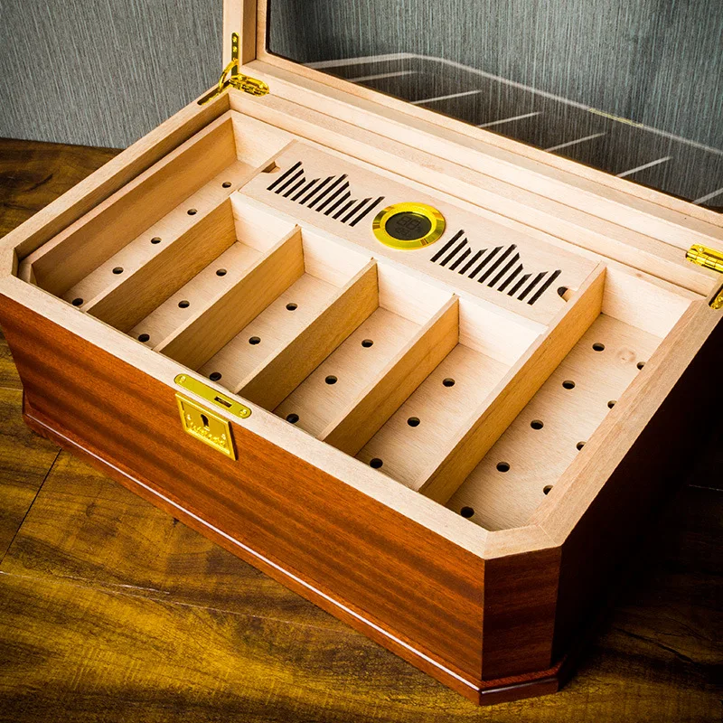Lubinski Sapele Wood Perspective Window Double Layer Large Capacity Cigarette Box 80 Cigars Humidor
