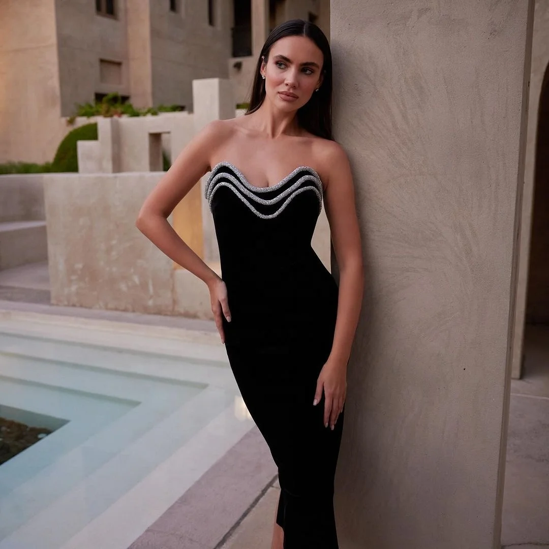 Luxury Women Celebrity Sexy Strapless Backless Black Diamonds Midi Bandage Dress Elegant Evening Club Party Dresses