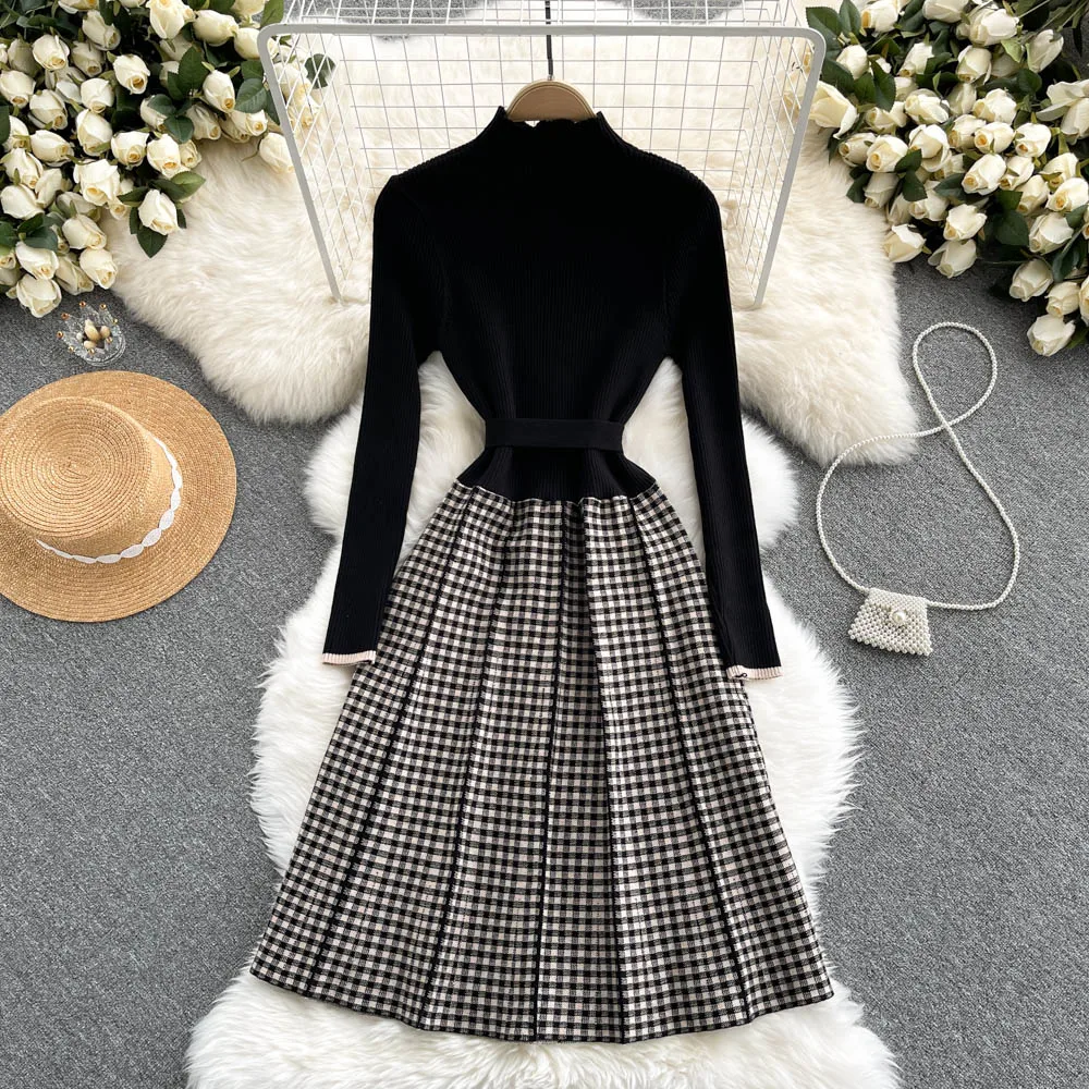 Custom autumn winter long sleeve knit slim collar long French plaid skirt knitted one piece dress