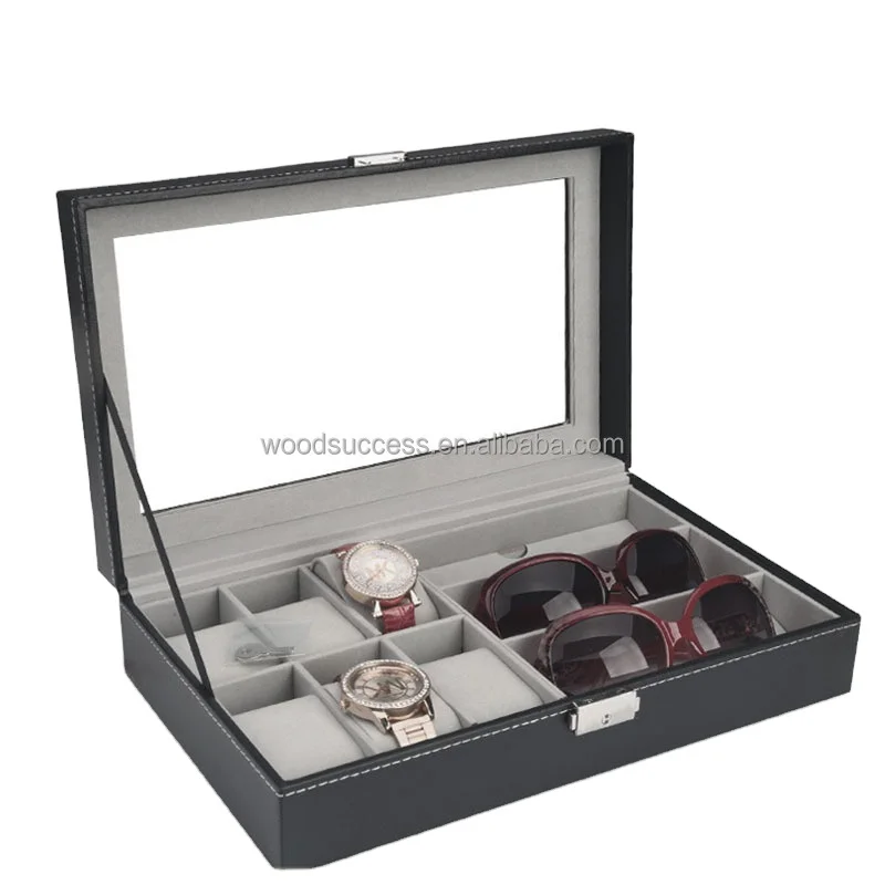 wholesale custom Cheap Wooden Box Black leather glasses case watch storage box display case with glass top
