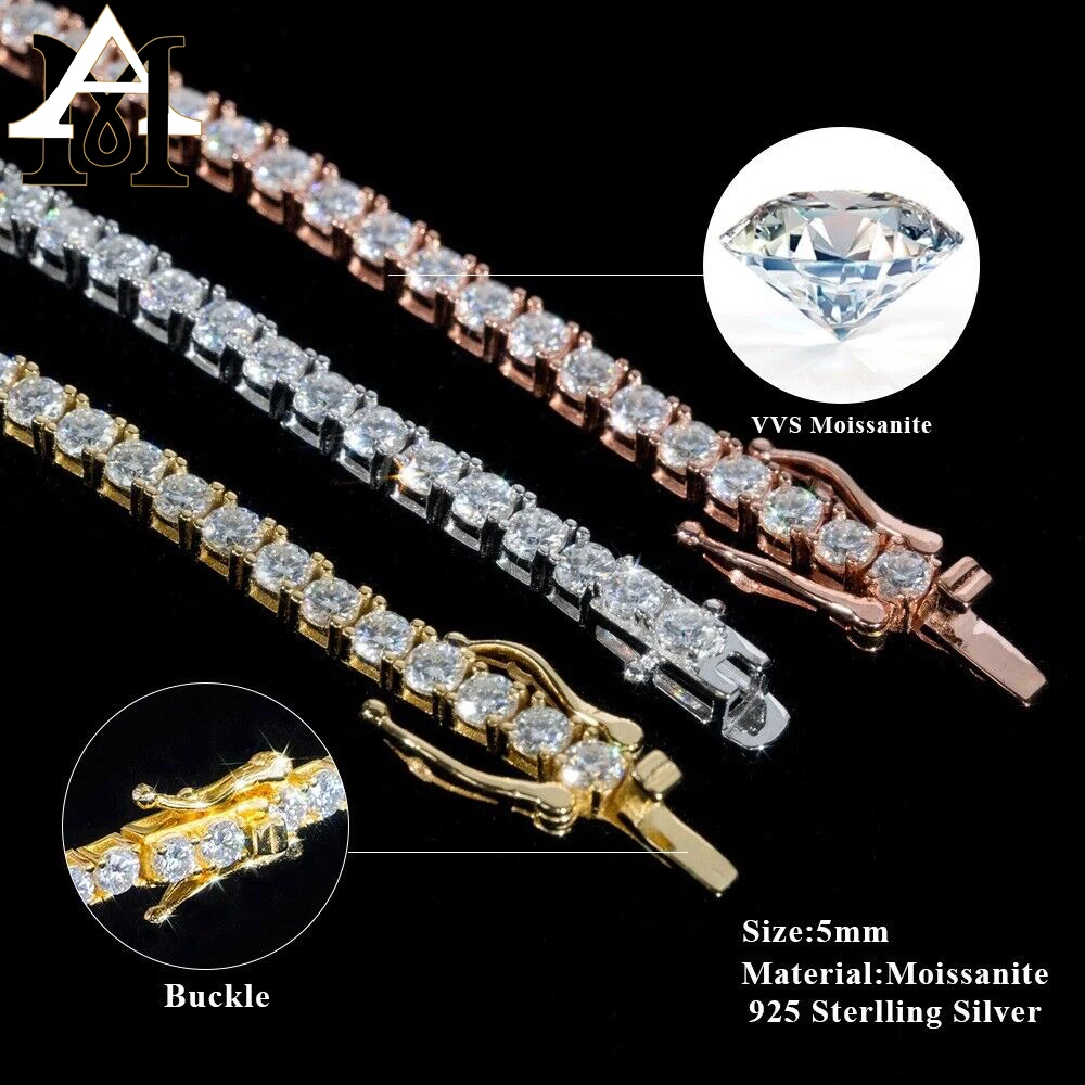 Pass Diamond Tester Large Stock Hip Hop Jewelry 2.0mm-6mm VVS Moissanite Diamond 925 Silver Iced Out Tennis Chain Necklaces
