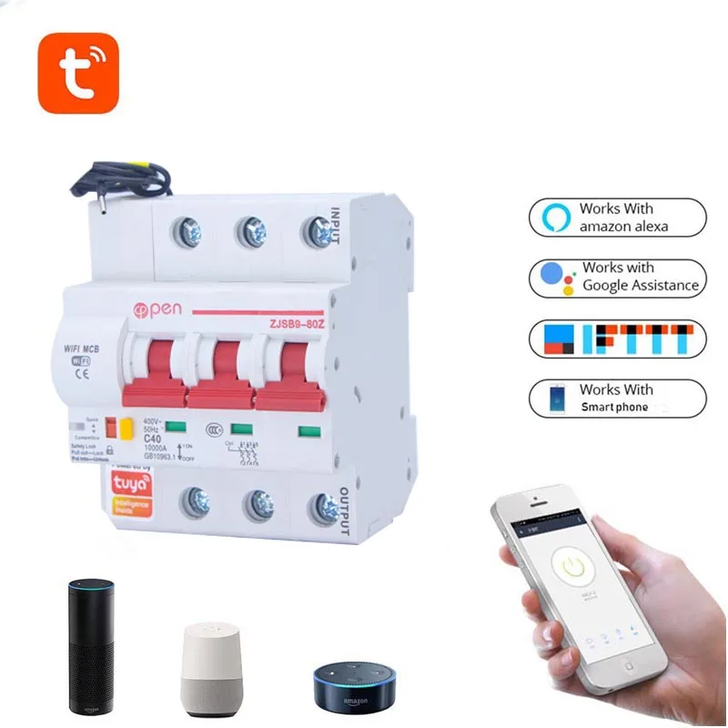 Tuya smart life  3P 400V Amanzon Alexa and Google home remote control din rail modular  wifi mcb circuit breaker