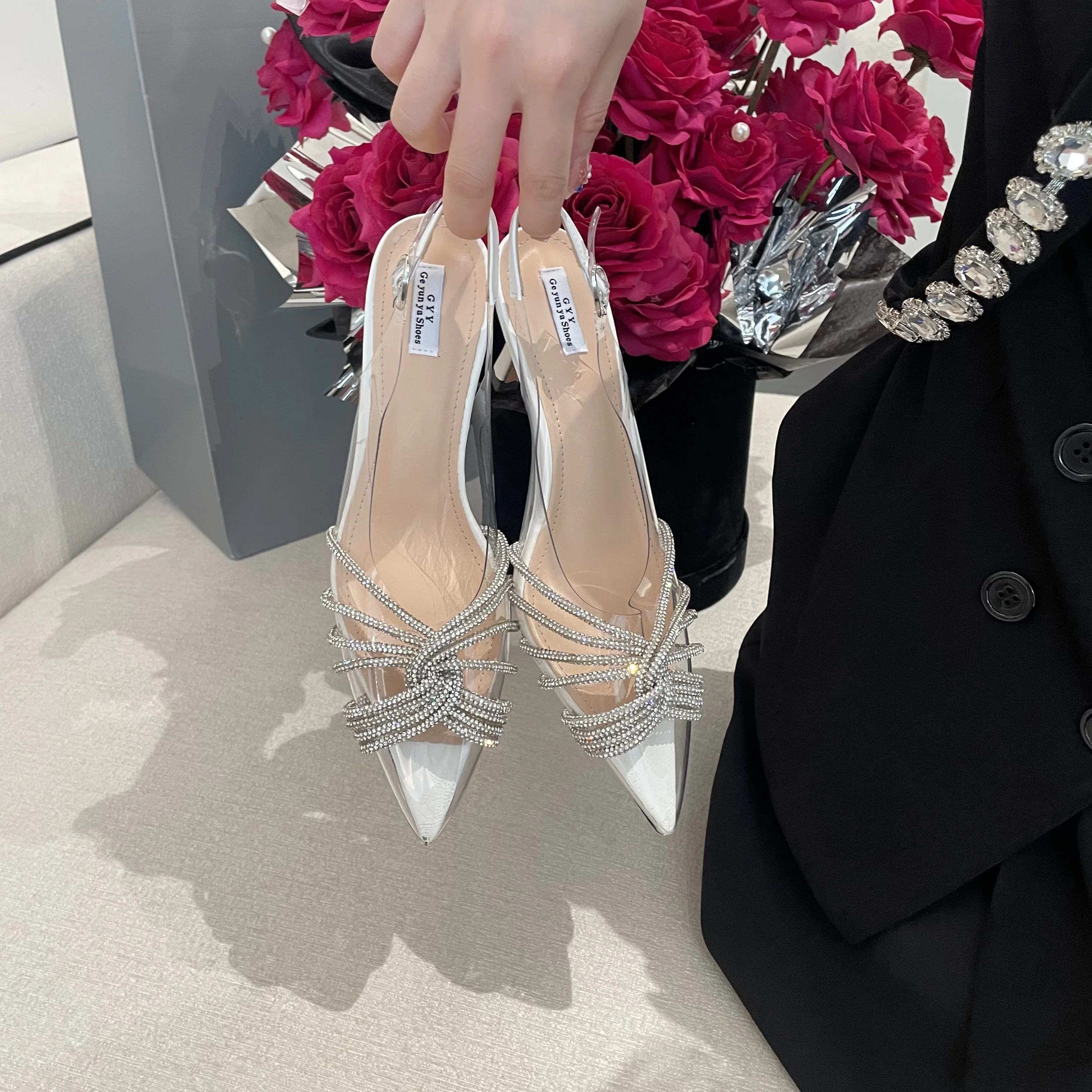 Women Sandals Pointed Toe Crystal Transparent Female Pumps Thin High Heel Slip-On Solid Sexy Ladies Summer Shoes Fashion New