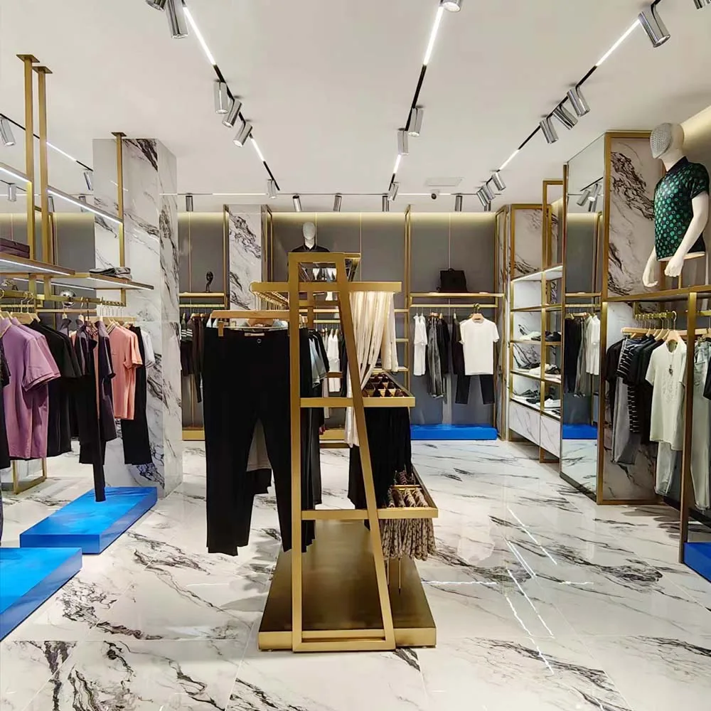 Luxury gold ladies clothing store furniture Modern Creative Retail Garment Shop Interior Design Women Clothing Shop Design