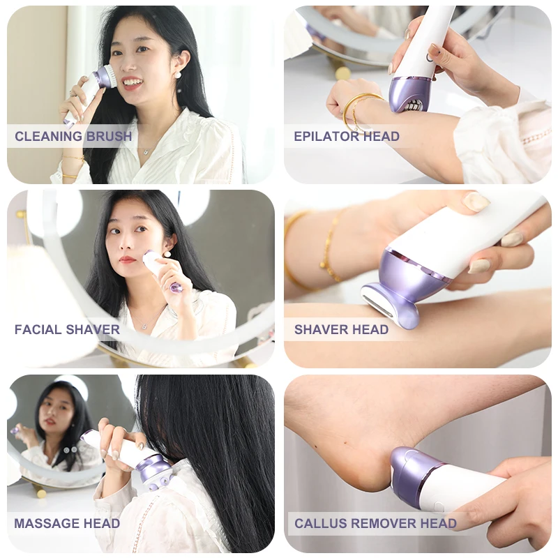 Women Portable Cordless Electric Epilator 5 Attachments for Legs Underarms Bikini Epilator