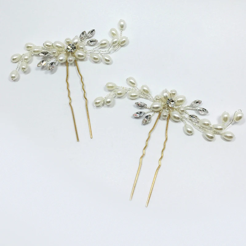 Korean golden white alloy pearls flower crystal hair pin Girl luxury fashion hairpins Bridal wedding forks