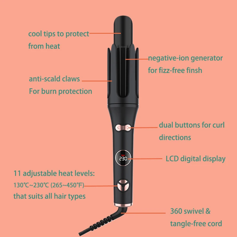 Professional Hair Curler Automatic Hair Curling Iron with Ceramic Ionic Barrel Auto Rotating Hair Curling Wand