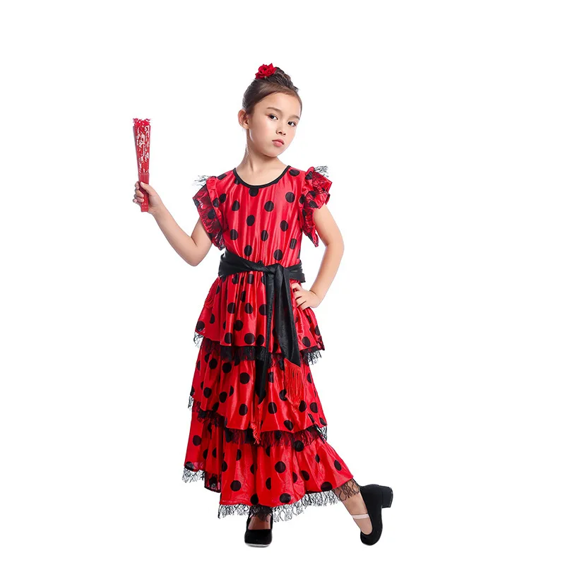 Ready Goods Spanish Senorita Girls Traditional Flamenco Dancer Dresses For Kids Fancy-dress Dance Costume