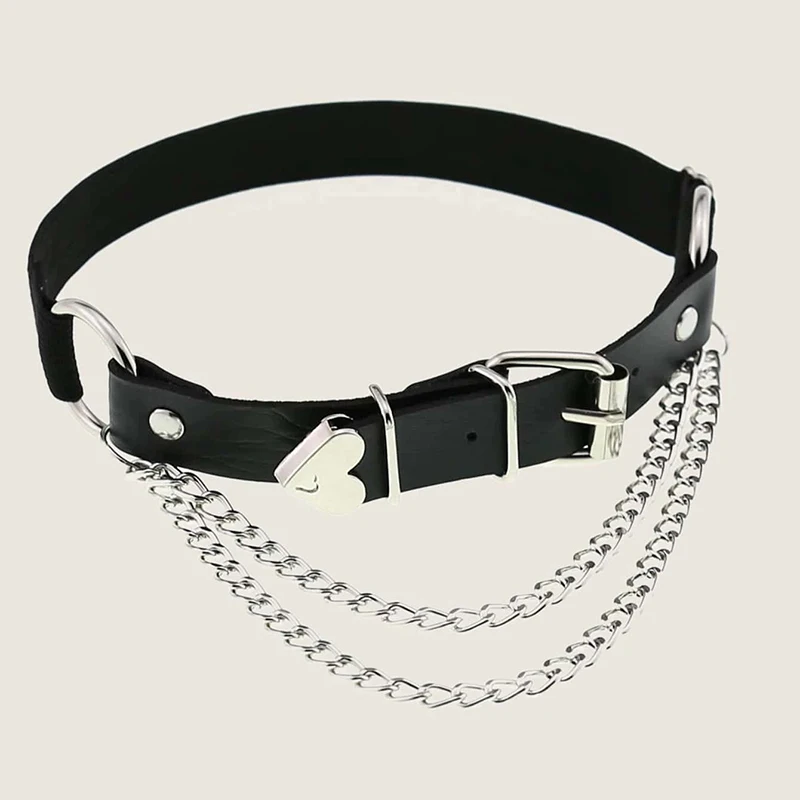 Simple Women PU leather Sexy Thigh Garter Belts Elastic Adjustable Punk Leg Ring With Double Layer Silver Metal Chains
