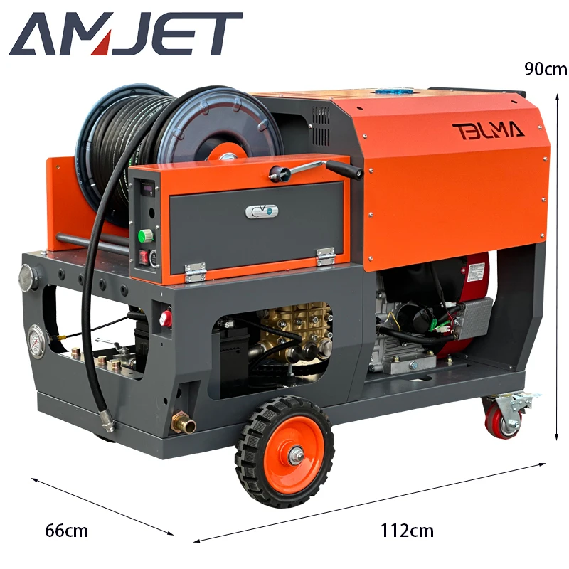 2024 New customized side hose reel 70lpm 200bar drain jetting machine Italian AR pump Mobile with wheels sewer cleaner