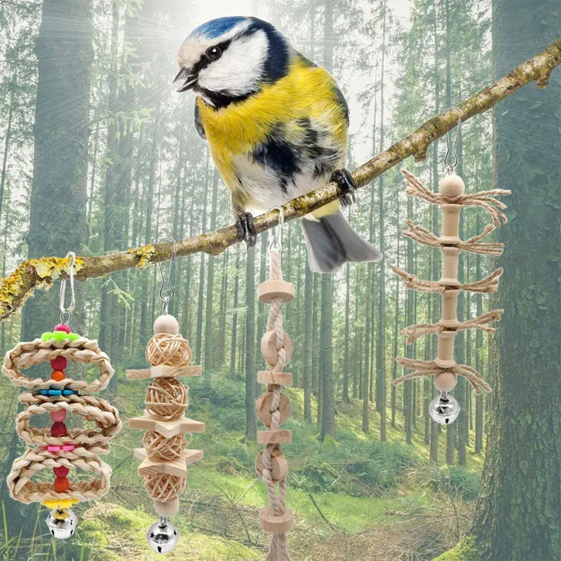 8 Packs Bird Parrot Swing Chewing Toys Wooden Bird Tearing Toys Natural Opp Bag Picture Animal Toys Pet Training Products 10pcs