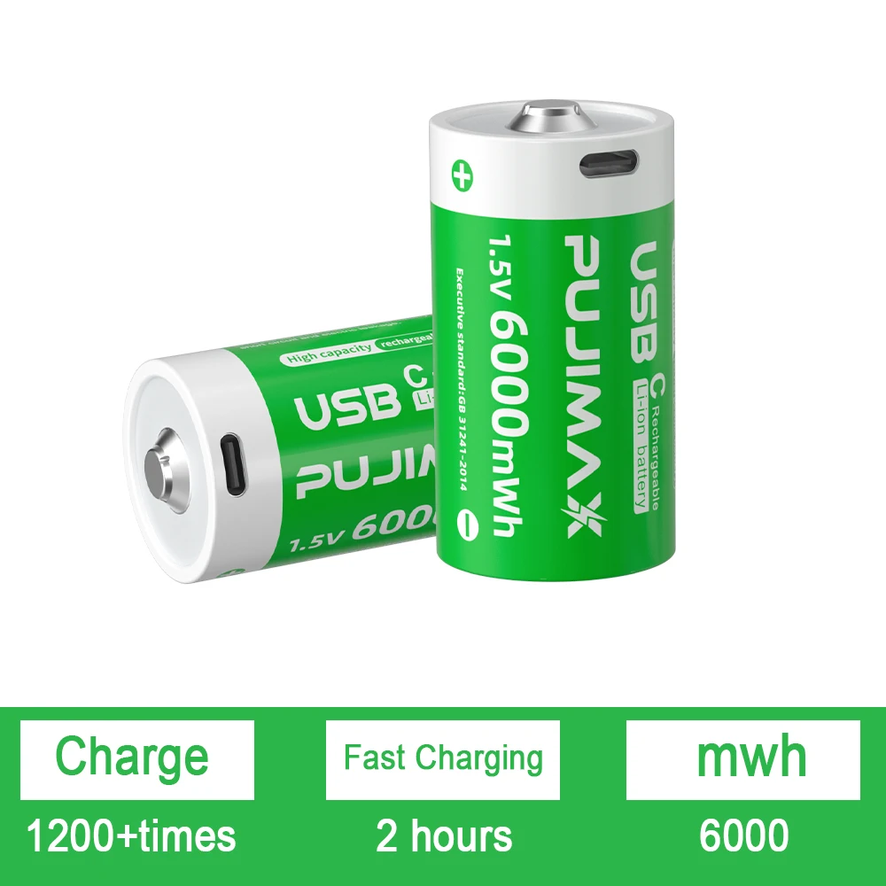 PUJIMAX Constant Voltage C Size Lithium Ion Battery 6000mWh 1.5V Type C Charging Rechargeable Batteries USB C Li Ion Battery